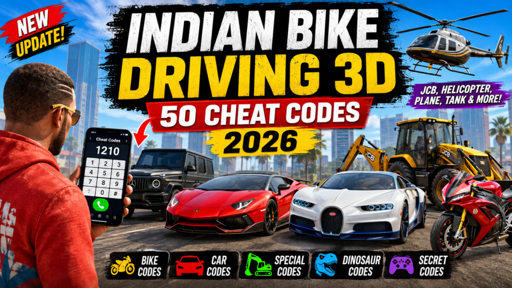 Indian Bike Driving 3D 50 Cheat Codes 2026 – Bike, Car & JCB Codes